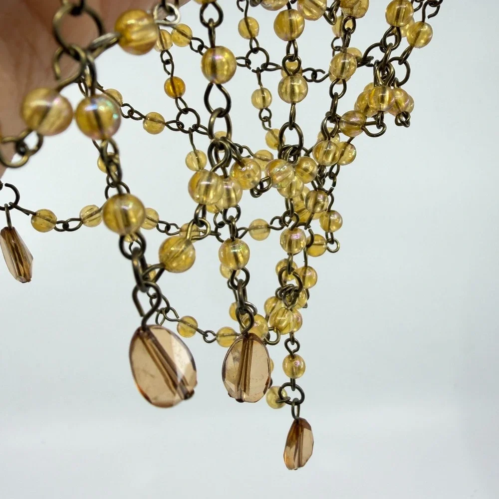 Necklace Vintage Amber Bronze Beaded Mesh Bib Teardrop Fringe Statement